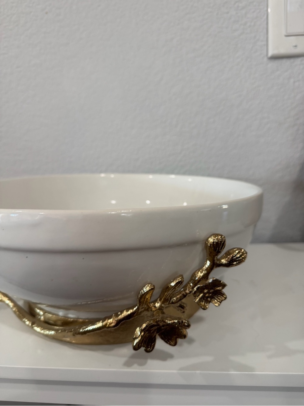 White Ceramic Serving Bowl with Decorative Gold Branch Accent
